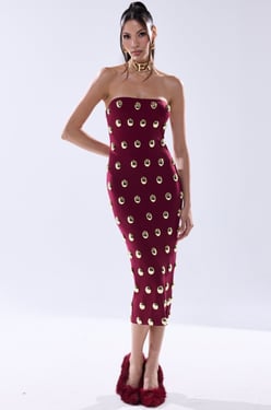 AKIRA Time After Time Midi Dress With Metal Detailing | Burgundy | Size 2X