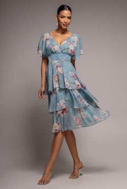 Goddiva Layered Floral Midi With Flutter Sleeves - Airforce Blue