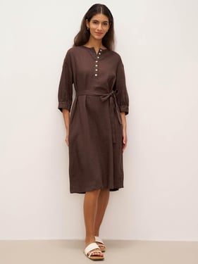 100% Linen Button Detail Midi Dress with Detachable Belt EIRA - Chicory Coffee / XXL