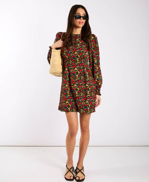 Red Floral Long Sleeve Mini Dress - 18