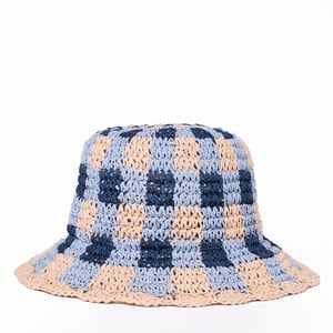 Damson Madder Gingham Straw Bucket Hat Navy & Pale Pink