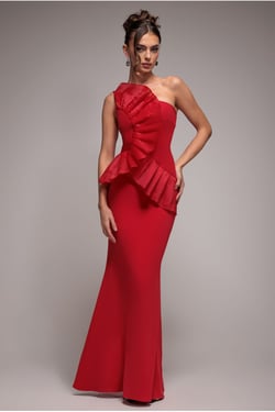 Goddiva One Shoulder Pleated Fan Maxi Dress - Red