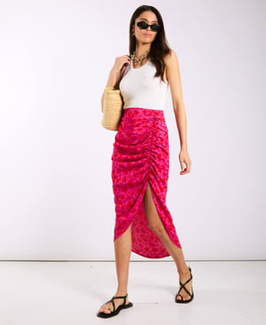 Pink Floral Ruche Side Midi Skirt - 18