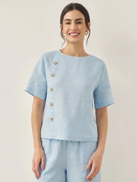 100% Linen Short-Sleeve Round Neck Button Detail Top & Pants Set JOSIE - Baby Blue / Blouse / XXL