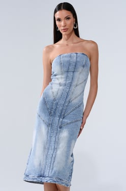AKIRA Brooklyn Baddie Denim Midi Dress | Size Small