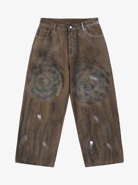 Retro Graffiti Painted Distressed Wide-Leg Jeans - Wasteland Yellow / 3XL