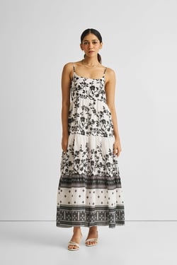 Strappy Tiered Maxi Dress in Florals - Vines and Twirls Black / 3XL