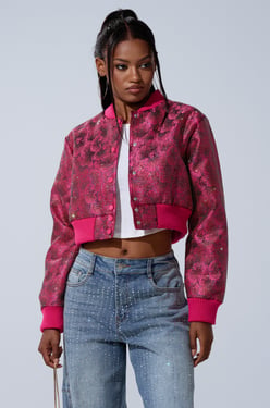 AKIRA Fleur Rhinestone Brocade Bomber Jacket | Size XL
