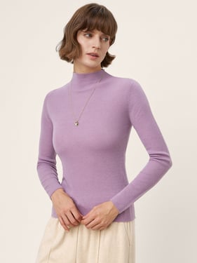 100% Extra-Fine Merino Wool Mock Neck Knit Sweater TIA - Lavender / L