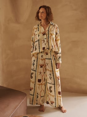 Womens Cream Natural Sea Life Tile Voile Boyfriend Shirt Pyjama Set - 3XL / 22-24 / Natural