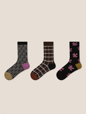Long-Staple Cotton 3-Pair Floral Embossed Slouch Mid-Calf Sock Set - Matrix Dream / One Size
