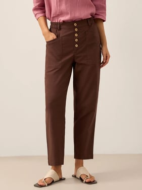 Linen Simple Button Fly Trousers HEIDI - Espresso / XXXL