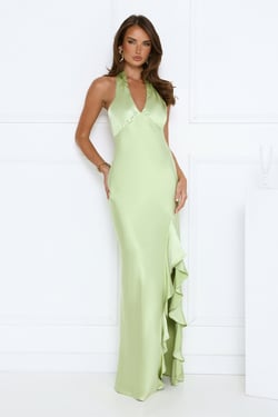 Satin Whirl Halter Maxi Dress Green