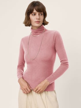 100% Extra-Fine Merino Wool Turtleneck Knit Sweater JOLENE - Pastel Pink / L
