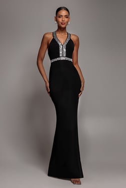 Goddiva Diamante Cross Back Maxi Dress - Black