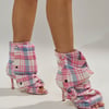 AKIRA Azalea Wang Bird Song Plaid Multi Open Toe Snap Bootie | Pink | Size 10