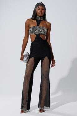 AKIRA Julia Bandage Trouser Pants With Mesh Rhinestones | Black | Size 2X