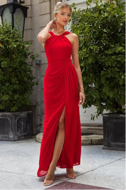 Goddiva Halterneck Thigh Split Chiffon Maxi Dress - Red