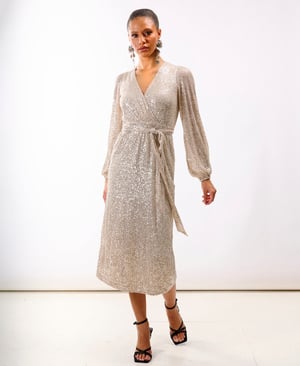 Cream Sequin Wrap Midi Dress - 20