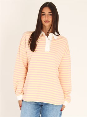 Daisy Street Mona Stripe Polo Shirt - Pink / Yellow - XS