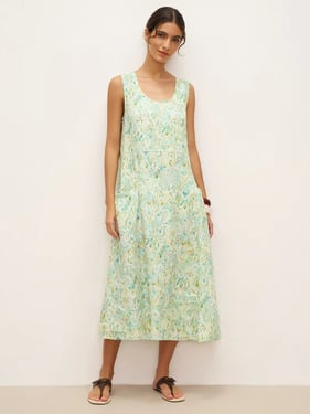 100% Linen Floral Swing Beach Tank Dress LORRAINE - Mist Garden / XXL