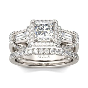 Jeulia Three Stone Halo Princess Cut Sterling Silver Ring Set