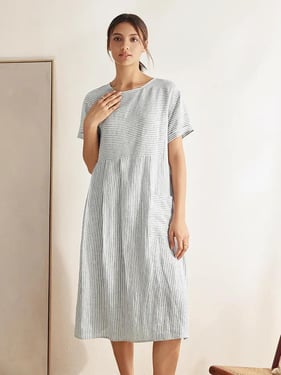 100% Linen Pinstripe Paneled Short-Sleeved Dress MORGAN - Blue Stripe / XXL
