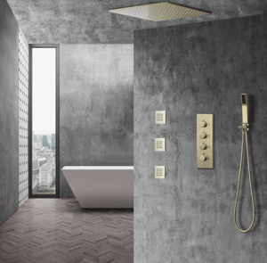 16" Thermostatic Rain Shower System with Hand Shower & 3 Body Jet Sprays in Brushed Gold