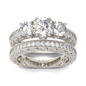 Jeulia Three Stone Milgrain Round Cut Sterling Silver Ring Set