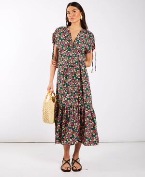 Multicoloured Floral Gathered Sleeve Midi Dress - 18