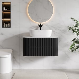 31.5" Floating Fluted Wall mounted Bathroom Vanity Set Cultured Marble Top with Vessel Single Sink & 2 Drawers