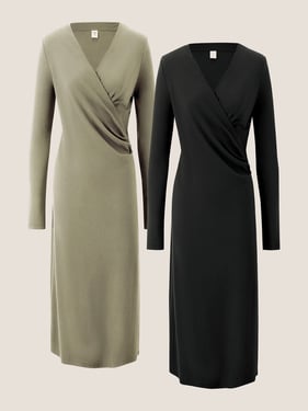 Crossover V-Neck Wrap Stretch Midi Dress MARNIE - Muted Sage/Charcoal Black / XXL