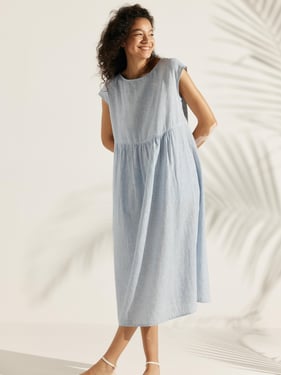 Linen Striped Cap Sleeve Washed Maxi Dress JOAN - Small Ice Blue Stripe / XXXL