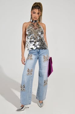 AKIRA Rhinestone Butterfly Cutout Denim Jeans | Light Blue | Size 31
