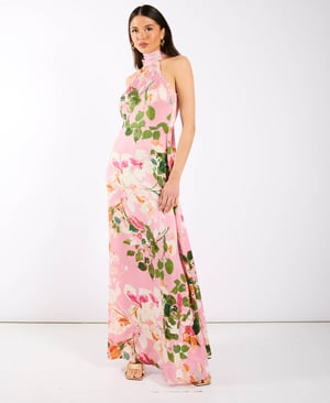 Pink Watercolour Floral Halter Neck Maxi Dress - 18
