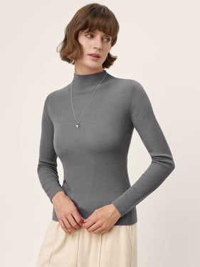 100% Extra-Fine Merino Wool Mock Neck Knit Sweater TIA - Slate Gray / L