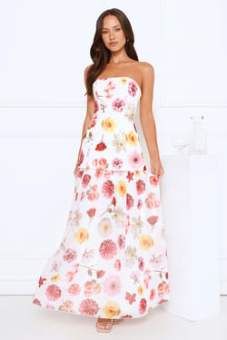Floral Shine Strapless Maxi Dress White