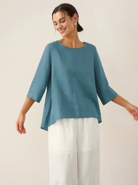 100% Linen Round Neck Asymmetrical Hem Top BRIANNA - Dove Blue / XXL