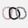 QE Home 100% Mulberry Silk Skinny Scrunchies in Black, Silver, Frosted Berry (Set of 3)