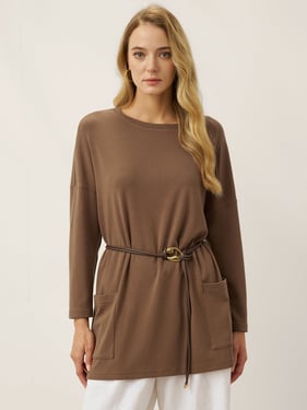 Lenzing Tencel Modal® Long Drop Shoulder Stretch Pullover Top with Patch Pockets - Desert Tan / Tops / XXL