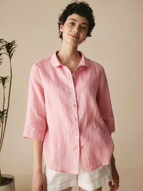 100% Linen Peter Pan Collar 3/4 Sleeve Shirt ASTRID - Pastel Pink / XXL