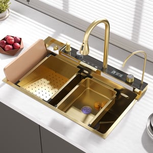 Drop-in Workstation Single Kitchen Sink Gold 29" Stainless Steel with Faucet