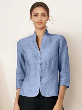 100% Linen Hand Button Fitted Jacket AMELIA - Royal Blue / XXL