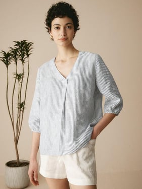 100% Linen Puff Sleeves Top LEAH - Stripe / XXL