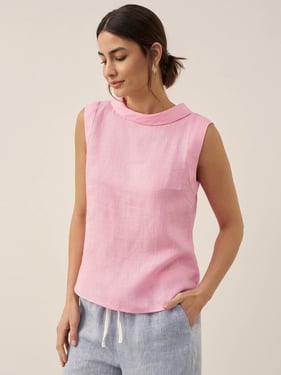 100% Linen Draped Collar Tank Top JACQUELINE - Pastel Pink / XXL