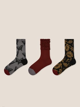 Long-Staple Cotton 3-Pair Floral Embossed Slouch Mid-Calf Sock Set - Butterfly Bloom / One Size