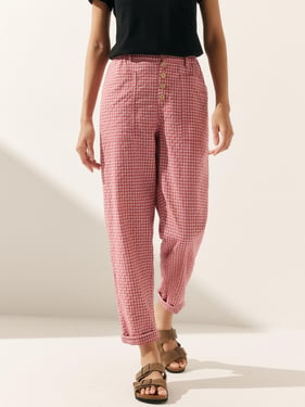 Linen Simple Button Fly Trousers HEIDI - Blush Check / XXXL