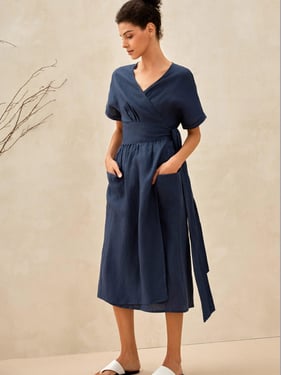100% Linen Kimono Dress CELESTE - Navy Blue / XXL