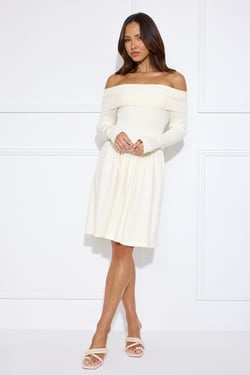 Snowlight Off Shoulder Ribbed Midi Dress Cream