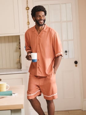 Mens Rust with Pale Pink Contrast Trim Linen Blend Oversizes Shorts Pyjama Set - 3XL / Pink